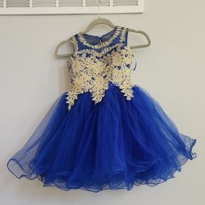 Blue and Gold Sleeveless Halter Fit and Flare Dress